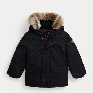 Black Hooded Parka with Faux Fur Trim